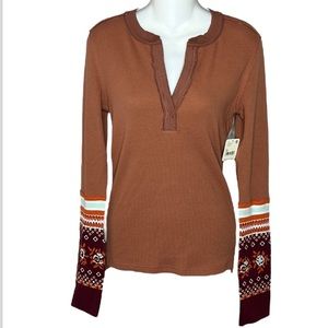 We the Free Henley Top Mikah Layering Cuff Waffle Thermal Sz Med Fair Isle NWT